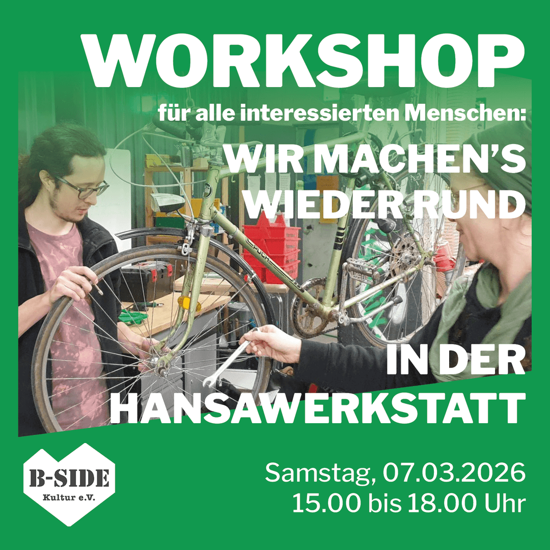Sharepic mit Foto von der Hansawerkstatt und Schriftzug "Workshop in der Hansawerkstatt"