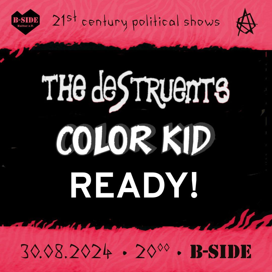 Konzertflyer für 21st century political shows am 30.08.2024 in der B-Side am Mittelhafen in Münster. Mit The Destruents, Color Kid und Ready..