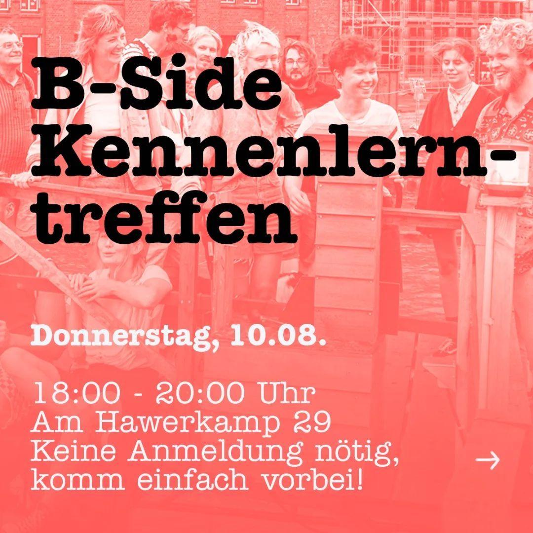 Im Hintergrund ist das Gebäude der B-Side am Hafen zu sehen. Im Vordergrund sind die Daten dieser Veranstaltung darübergelegt.