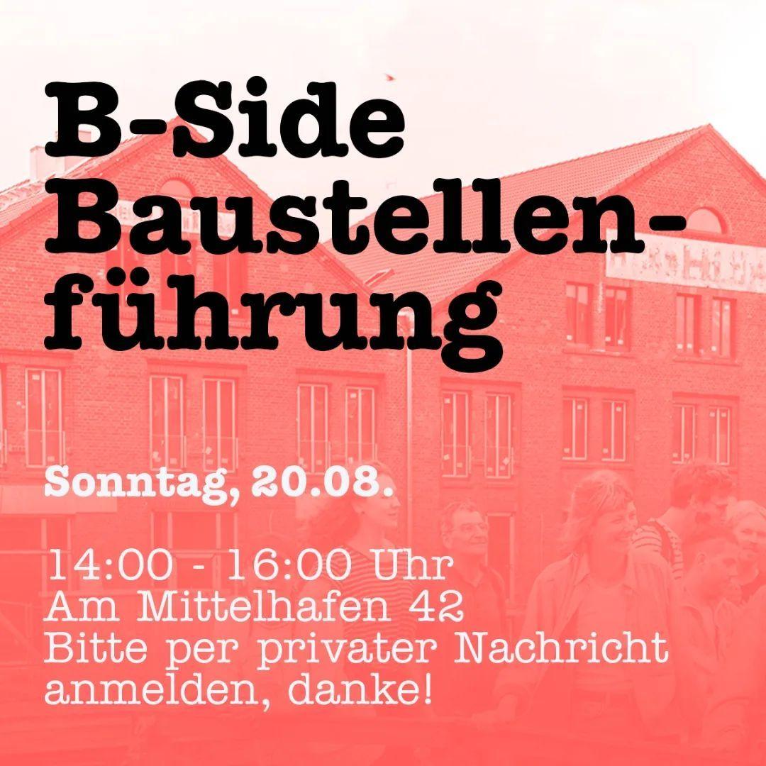 Im Hintergrund des Bildes ist das Gebäude der B-Side am Hafen zu sehen. Darüber gelegt sind die Kerndaten dieser Veranstaltung.