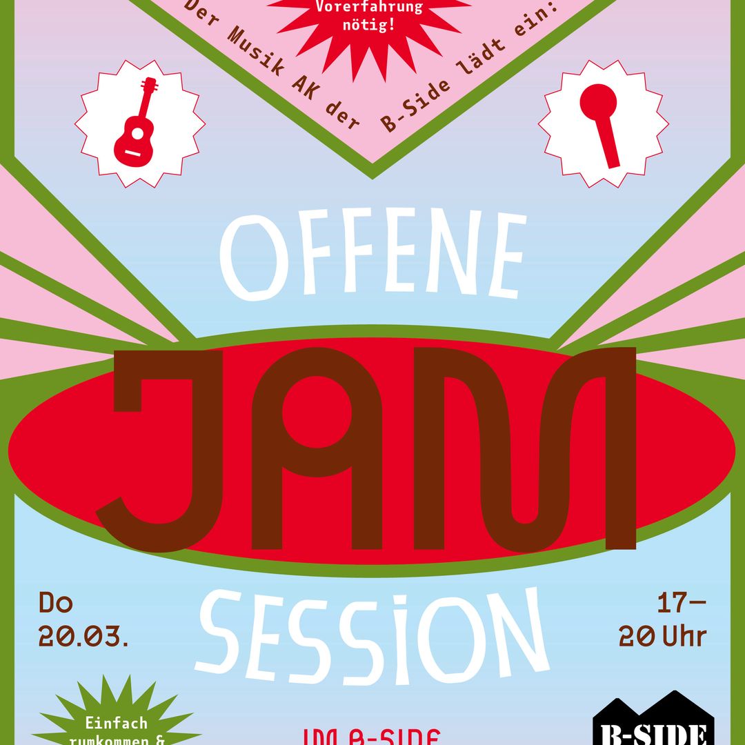 Plakat mit verschiedenen Farben und Formen, darauf Text: Offene Jam Session, links und rechts sind Instrumente zu sehen