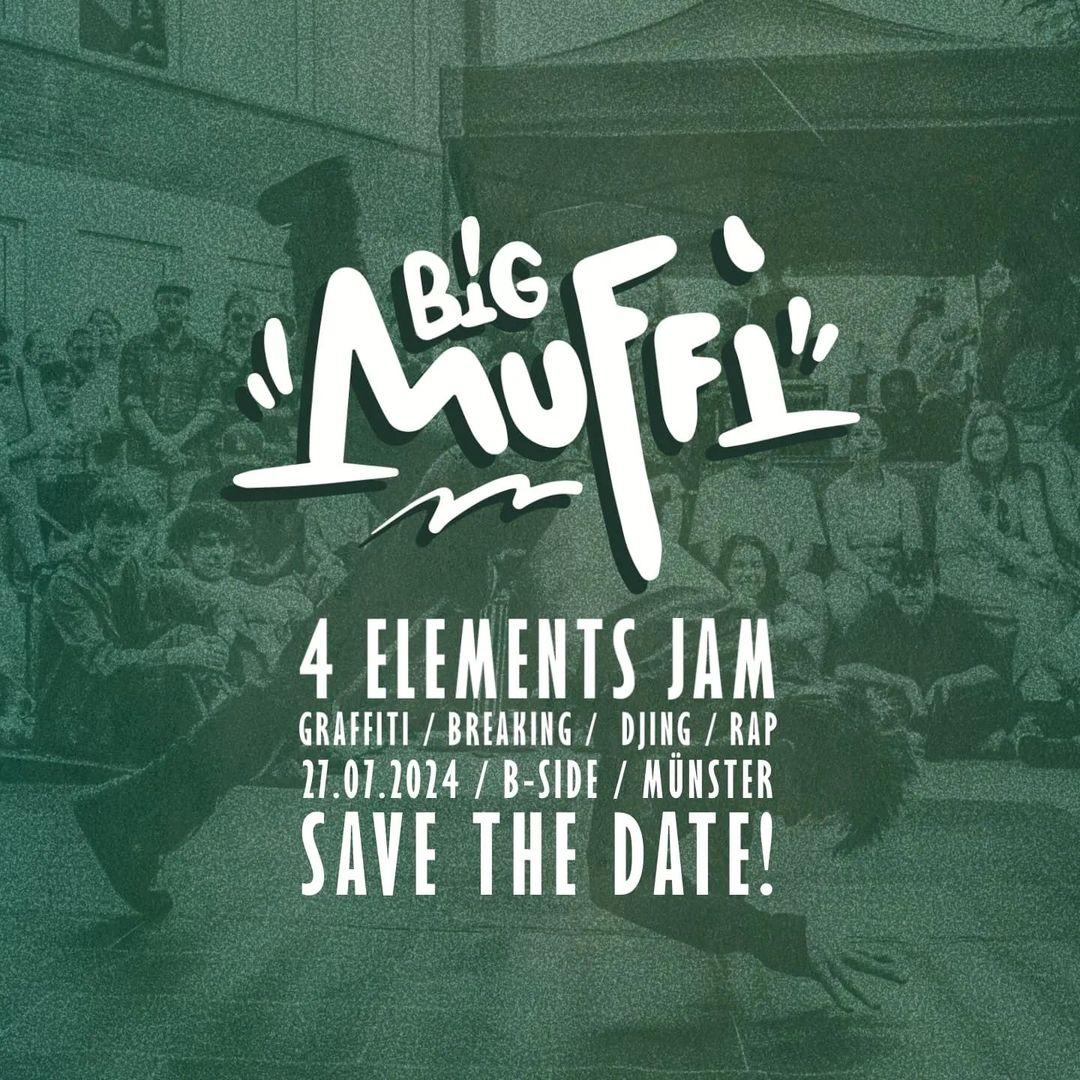 Ein Ankündigungsbild für die Big Muffi Veranstaltung. Im Hintergrund sind Menschen zu sehen, die eine*r Tänzer*in auf der Bühne zuschauen.