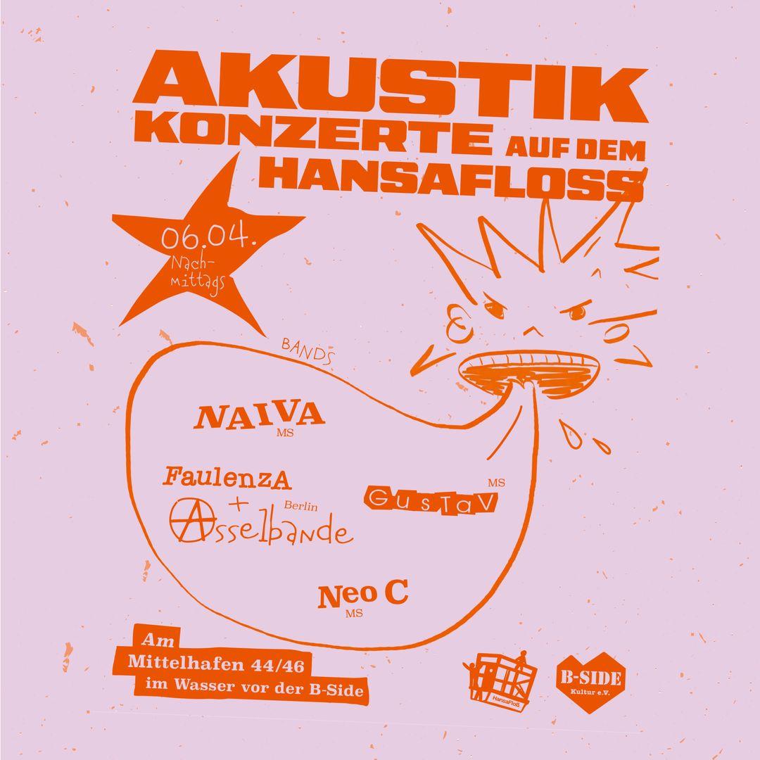 Poster in den Farben Rosa und Orange mit den Namen der Bands, Überschrift: Akustikkonzerte auf dem Hansafloss.